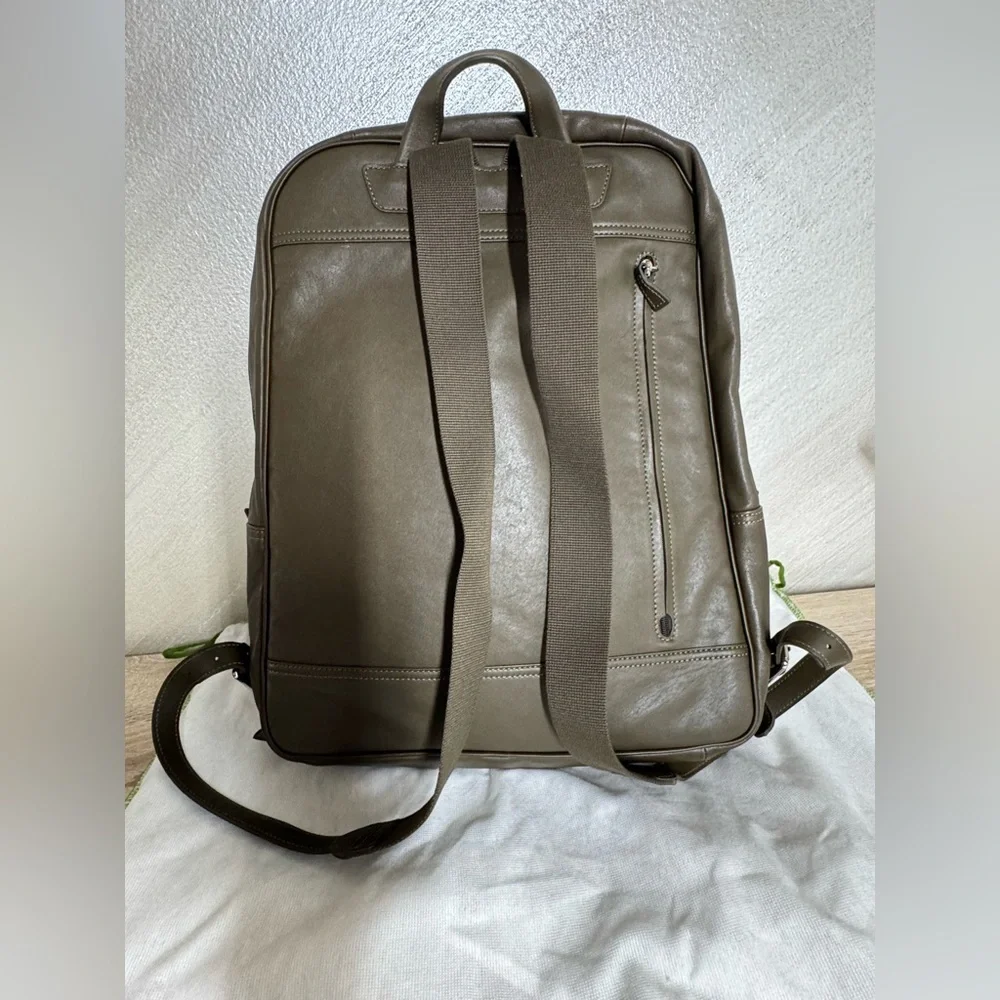 Longchamp Army Green Leather Backpack